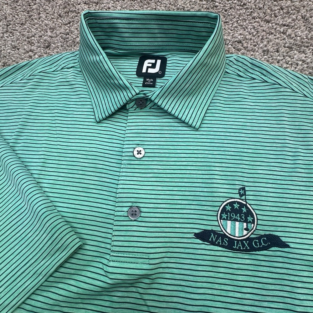 FootJoy Mens Size L Green Striped Short Sleeve Polo‎ Performance Nas Jax GC Logo